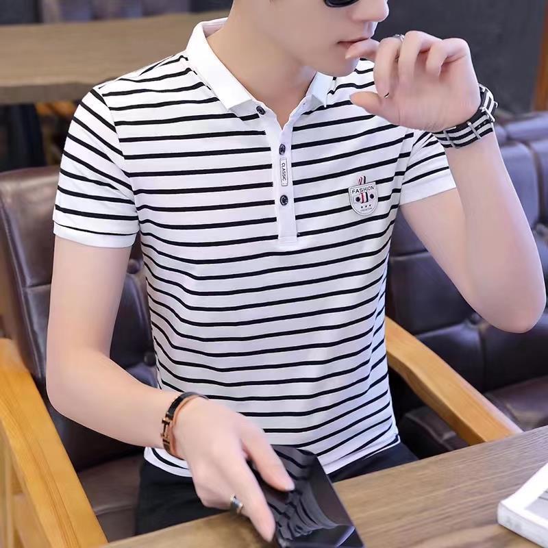 Shirt Ice Silk Lel Short-sleeved Half-sleeved Polo Modal Men's Slim-fit Striped T-shirt Summer Paul Korean-style Top