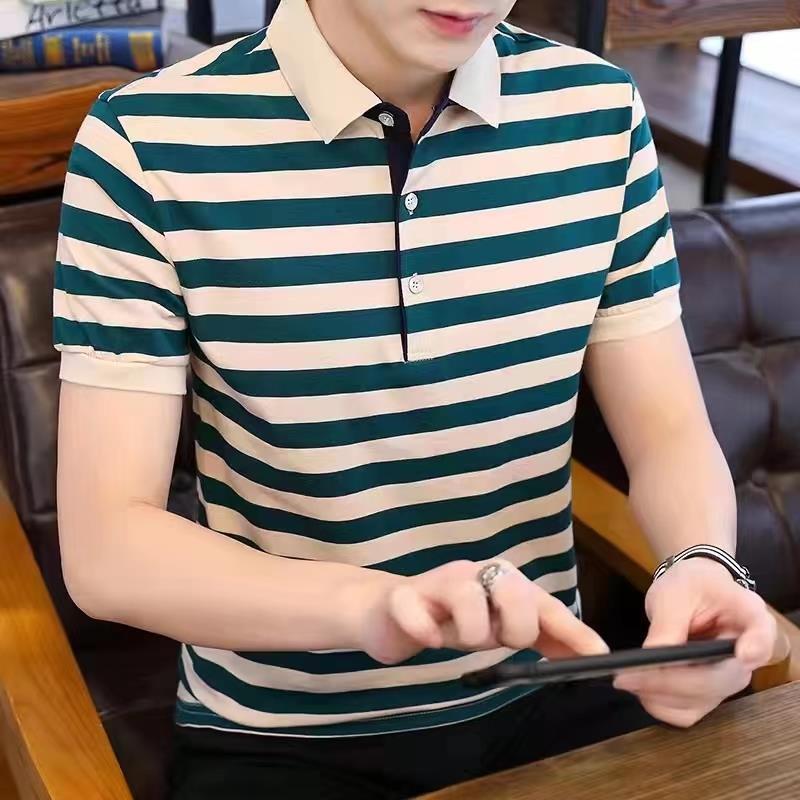 Shirt Ice Silk Lel Short-sleeved Half-sleeved Polo Modal Men's Slim-fit Striped T-shirt Summer Paul Korean-style Top