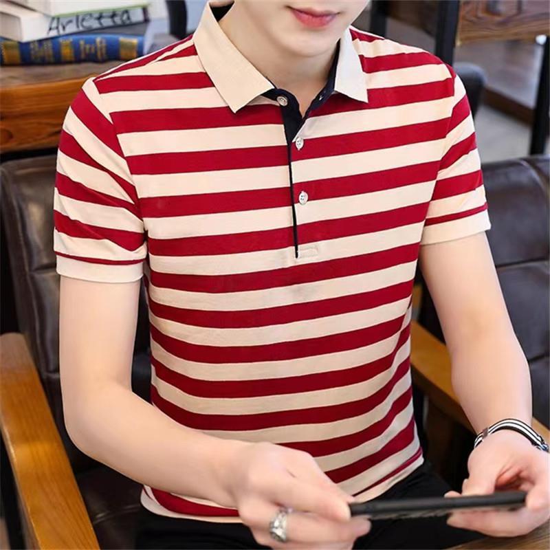 Shirt Ice Silk Lel Short-sleeved Half-sleeved Polo Modal Men's Slim-fit Striped T-shirt Summer Paul Korean-style Top