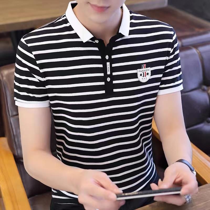 Shirt Ice Silk Lel Short-sleeved Half-sleeved Polo Modal Men's Slim-fit Striped T-shirt Summer Paul Korean-style Top