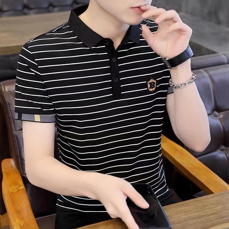 Shirt Ice Silk Lel Short-sleeved Half-sleeved Polo Modal Men's Slim-fit Striped T-shirt Summer Paul Korean-style Top