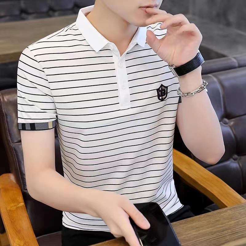Shirt Ice Silk Lel Short-sleeved Half-sleeved Polo Modal Men's Slim-fit Striped T-shirt Summer Paul Korean-style Top