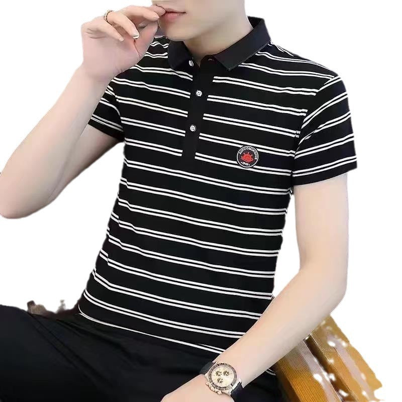 Shirt Ice Silk Lel Short-sleeved Half-sleeved Polo Modal Men's Slim-fit Striped T-shirt Summer Paul Korean-style Top