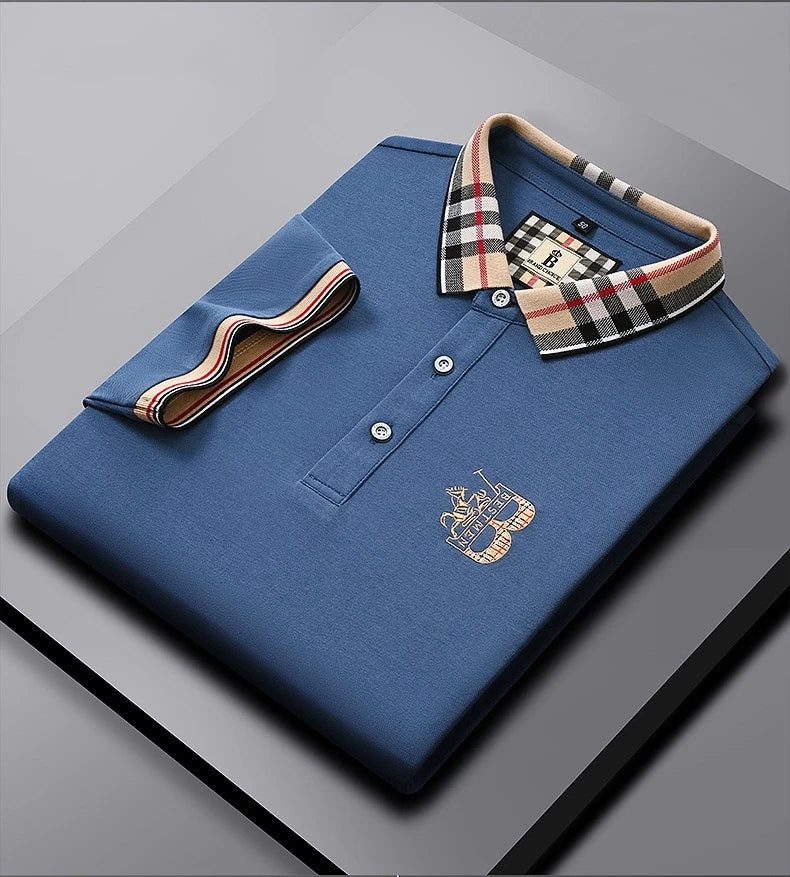 Luxury brand short sleeve men's polo shirt summer high-end fashion plaid embroidery lapel casual T-shirt breathable cotton top