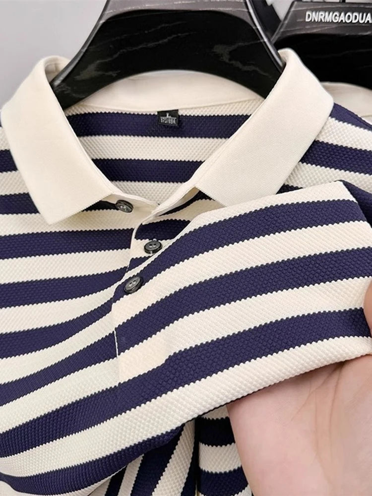 Summer Striped Short Sleeve Polo Shirts For Men Korean Fashion Casual Lapel Tee Shirt 2026 New Golf Wear Youth polos homme