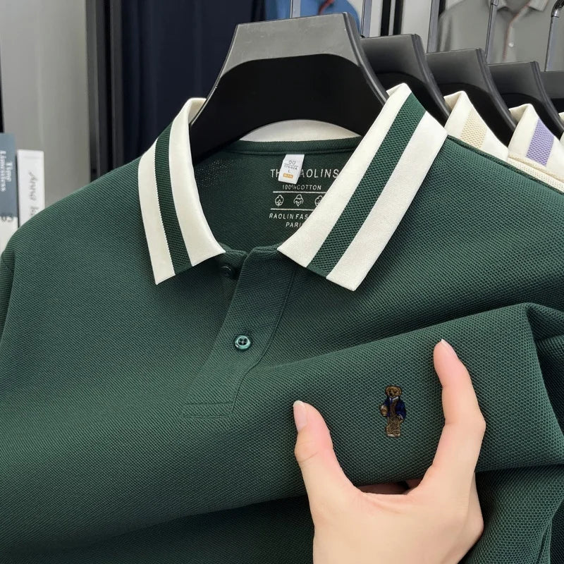 100%cotton Men's Autumn Long-sleeved Polo shirt High-quality Collar Embroidery Bear T-shirt. Leisure Fashion  Brand Men Clothing