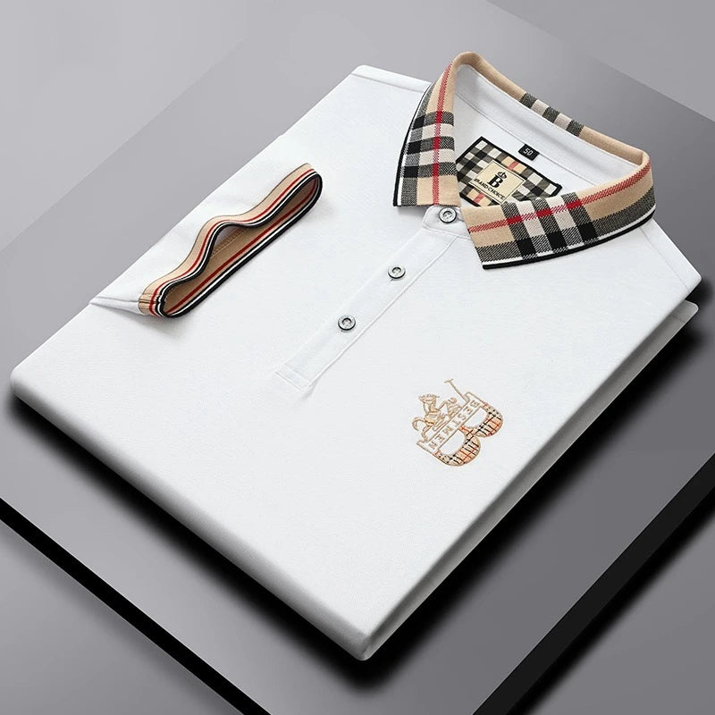 Luxury brand short sleeve men's polo shirt summer high-end fashion plaid embroidery lapel casual T-shirt breathable cotton top