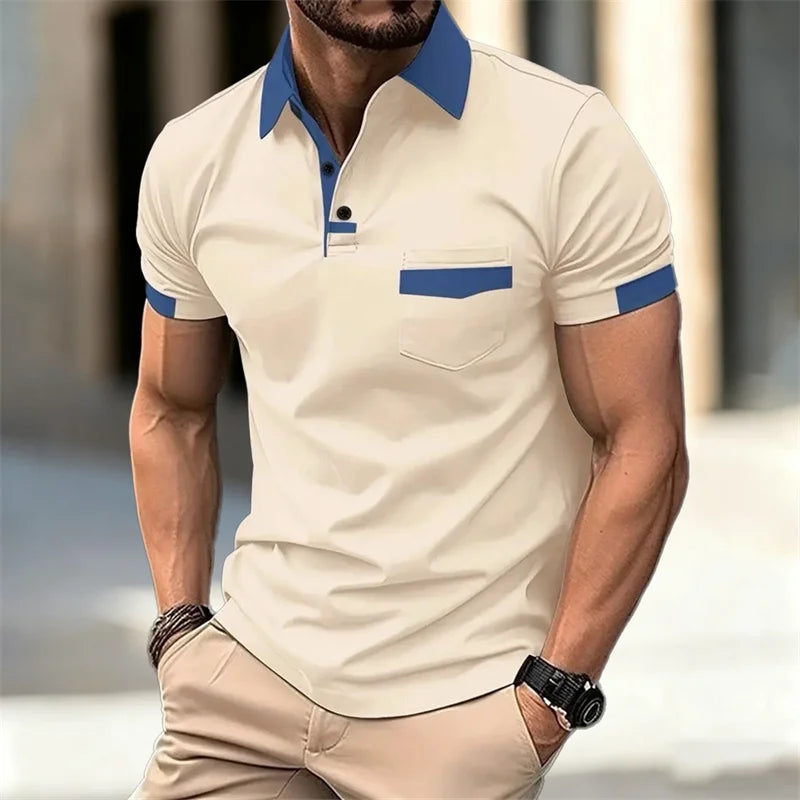 Men's color-blocked short-sleeved polo shirt, available in 6 colors, with a lapel and pocket design. Casual/business slim fit.