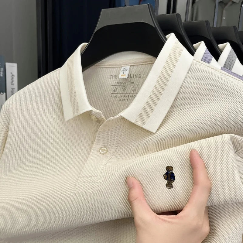 100%cotton Men's Autumn Long-sleeved Polo shirt High-quality Collar Embroidery Bear T-shirt. Leisure Fashion  Brand Men Clothing