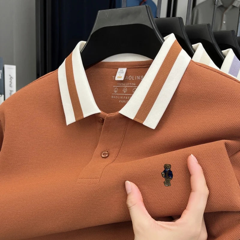 100%cotton Men's Autumn Long-sleeved Polo shirt High-quality Collar Embroidery Bear T-shirt. Leisure Fashion  Brand Men Clothing