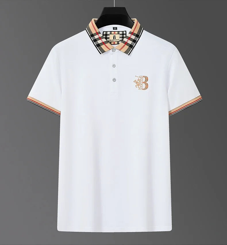 Luxury brand short sleeve men's polo shirt summer high-end fashion plaid embroidery lapel casual T-shirt breathable cotton top
