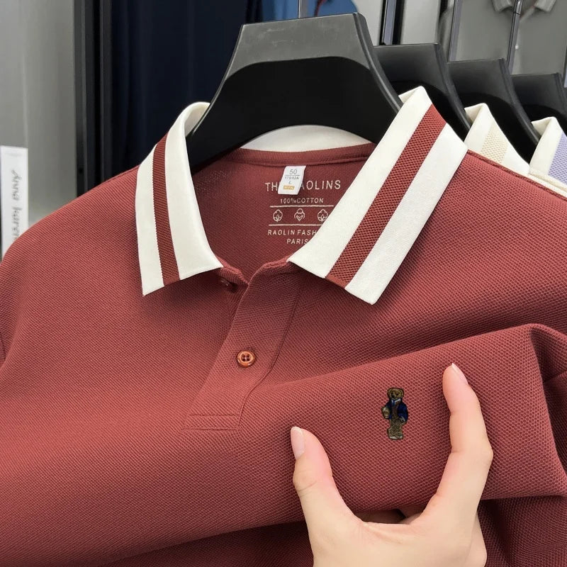 100%cotton Men's Autumn Long-sleeved Polo shirt High-quality Collar Embroidery Bear T-shirt. Leisure Fashion  Brand Men Clothing