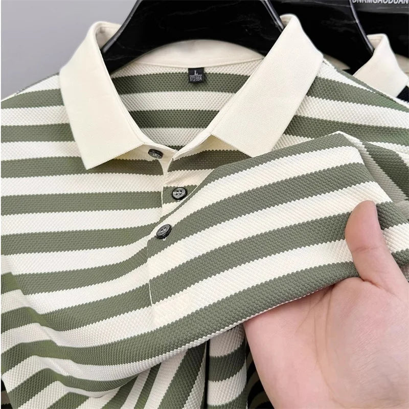Summer Striped Short Sleeve Polo Shirts For Men Korean Fashion Casual Lapel Tee Shirt 2026 New Golf Wear Youth polos homme