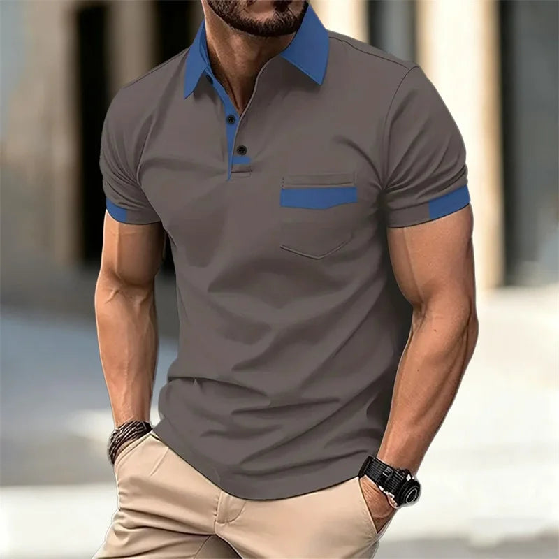 Men's color-blocked short-sleeved polo shirt, available in 6 colors, with a lapel and pocket design. Casual/business slim fit.