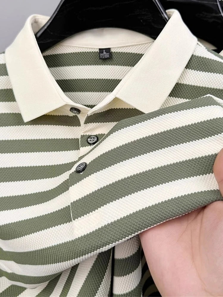 Summer Striped Short Sleeve Polo Shirts For Men Korean Fashion Casual Lapel Tee Shirt 2026 New Golf Wear Youth polos homme