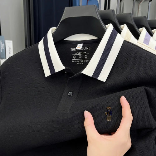 100%cotton Men's Autumn Long-sleeved Polo shirt High-quality Collar Embroidery Bear T-shirt. Leisure Fashion  Brand Men Clothing