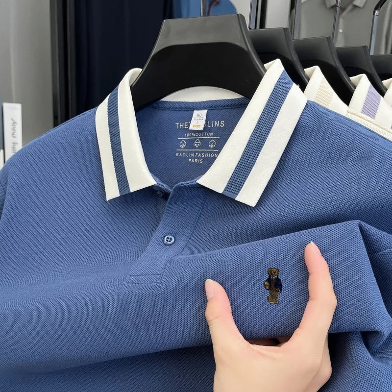 100%cotton Men's Autumn Long-sleeved Polo shirt High-quality Collar Embroidery Bear T-shirt. Leisure Fashion  Brand Men Clothing