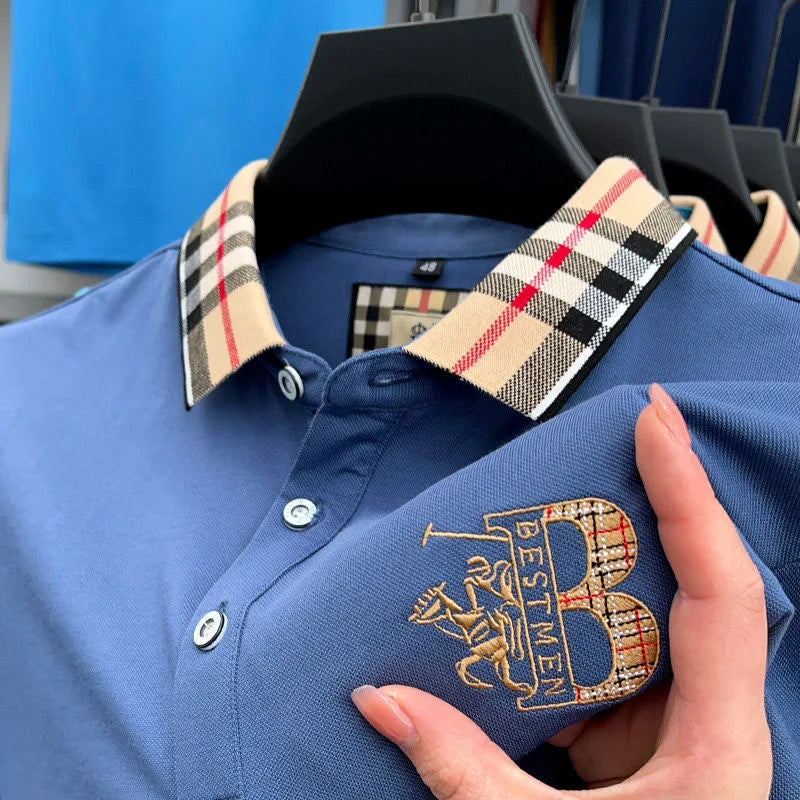 Luxury brand short sleeve men's polo shirt summer high-end fashion plaid embroidery lapel casual T-shirt breathable cotton top