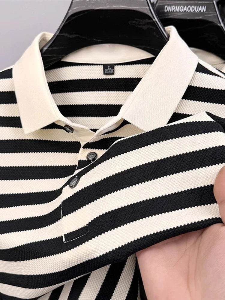 Summer Striped Short Sleeve Polo Shirts For Men Korean Fashion Casual Lapel Tee Shirt 2026 New Golf Wear Youth polos homme