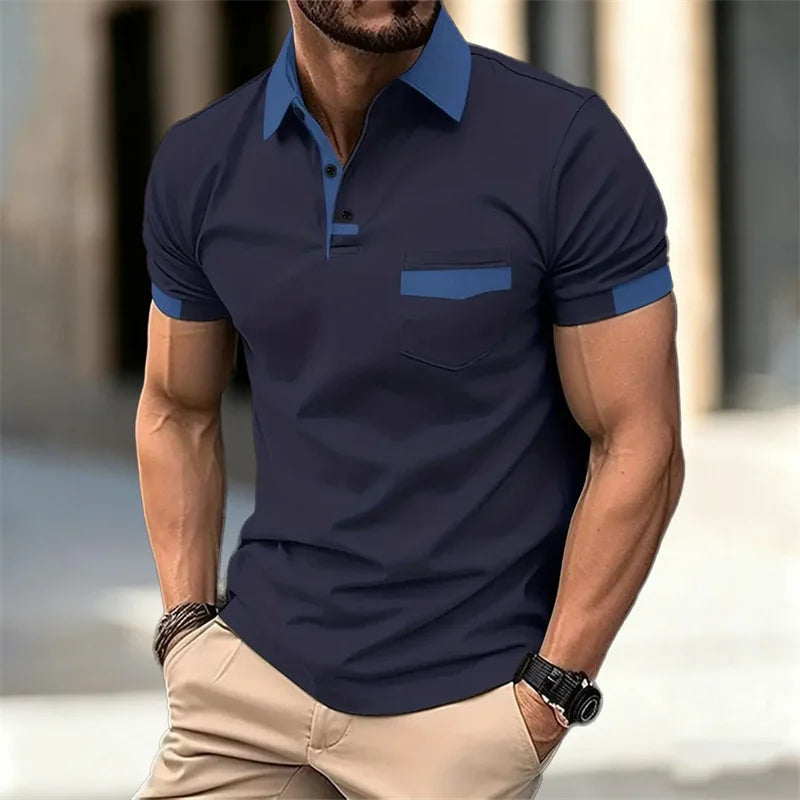 Men's color-blocked short-sleeved polo shirt, available in 6 colors, with a lapel and pocket design. Casual/business slim fit.