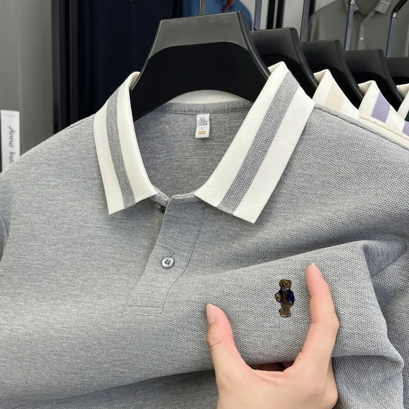 100%cotton Men's Autumn Long-sleeved Polo shirt High-quality Collar Embroidery Bear T-shirt. Leisure Fashion  Brand Men Clothing