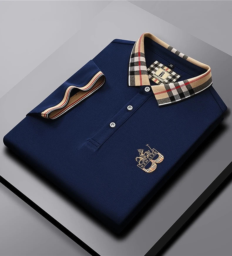 Luxury brand short sleeve men's polo shirt summer high-end fashion plaid embroidery lapel casual T-shirt breathable cotton top