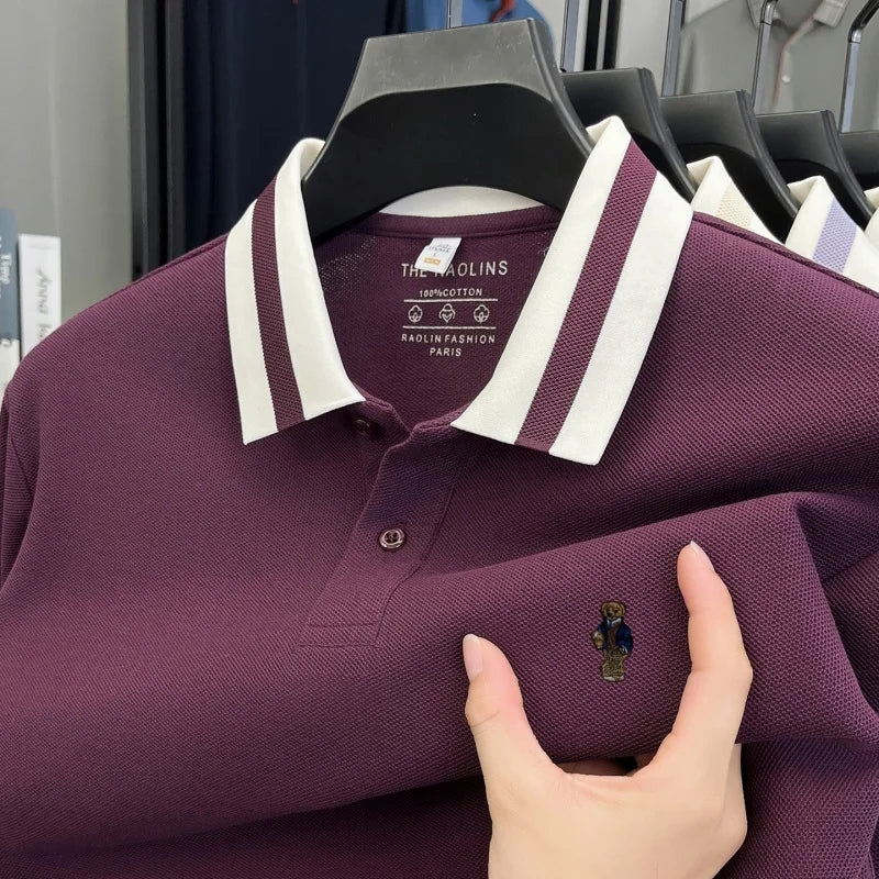 100%cotton Men's Autumn Long-sleeved Polo shirt High-quality Collar Embroidery Bear T-shirt. Leisure Fashion  Brand Men Clothing