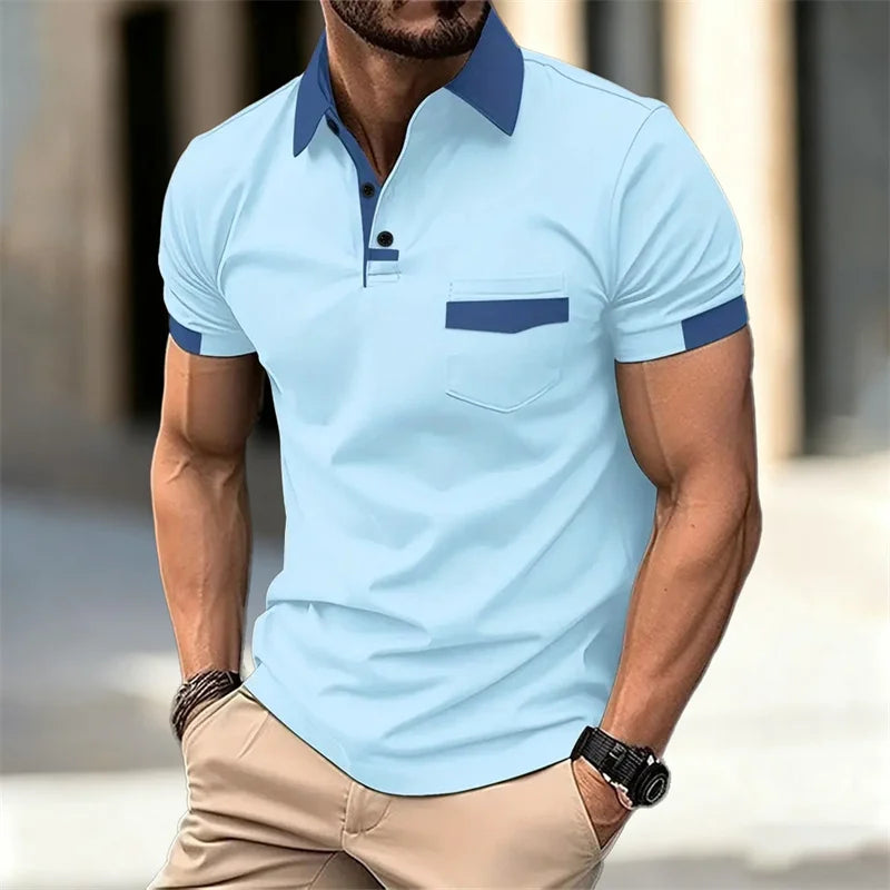Men's color-blocked short-sleeved polo shirt, available in 6 colors, with a lapel and pocket design. Casual/business slim fit.