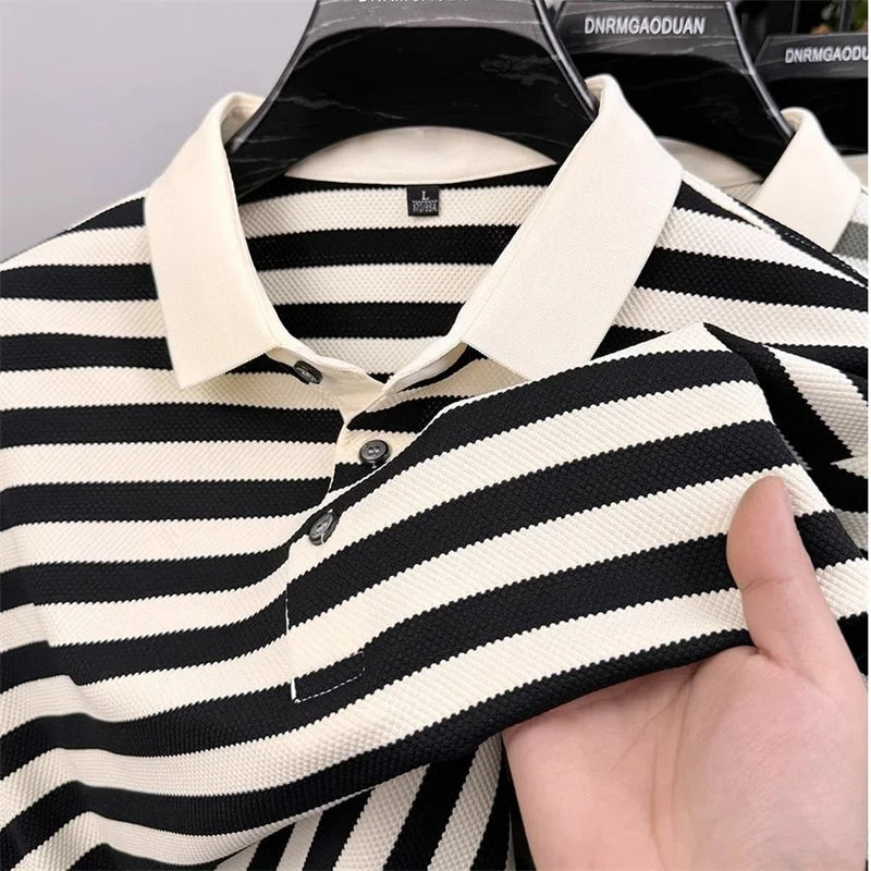 Summer Striped Short Sleeve Polo Shirts For Men Korean Fashion Casual Lapel Tee Shirt 2026 New Golf Wear Youth polos homme