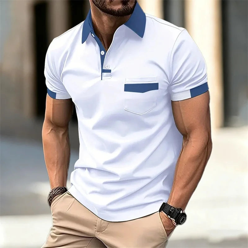 Men's color-blocked short-sleeved polo shirt, available in 6 colors, with a lapel and pocket design. Casual/business slim fit.