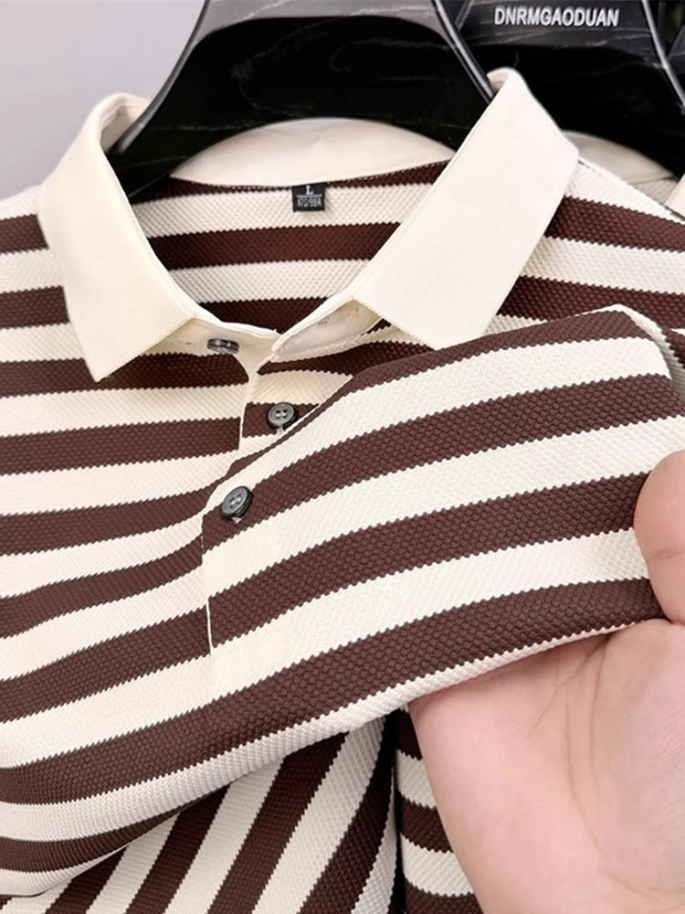 Summer Striped Short Sleeve Polo Shirts For Men Korean Fashion Casual Lapel Tee Shirt 2026 New Golf Wear Youth polos homme