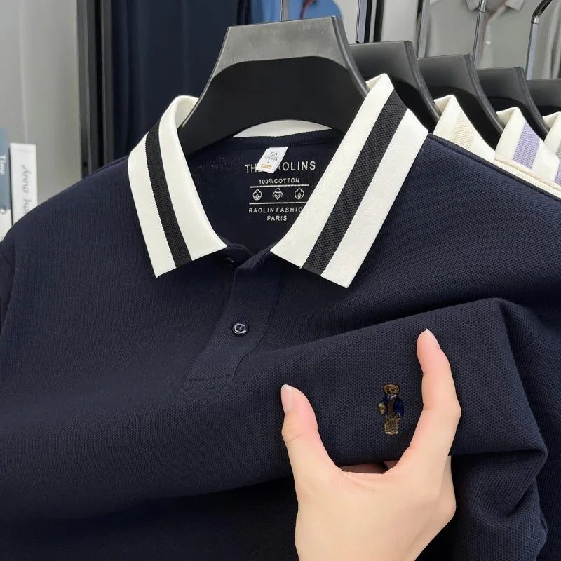 100%cotton Men's Autumn Long-sleeved Polo shirt High-quality Collar Embroidery Bear T-shirt. Leisure Fashion  Brand Men Clothing