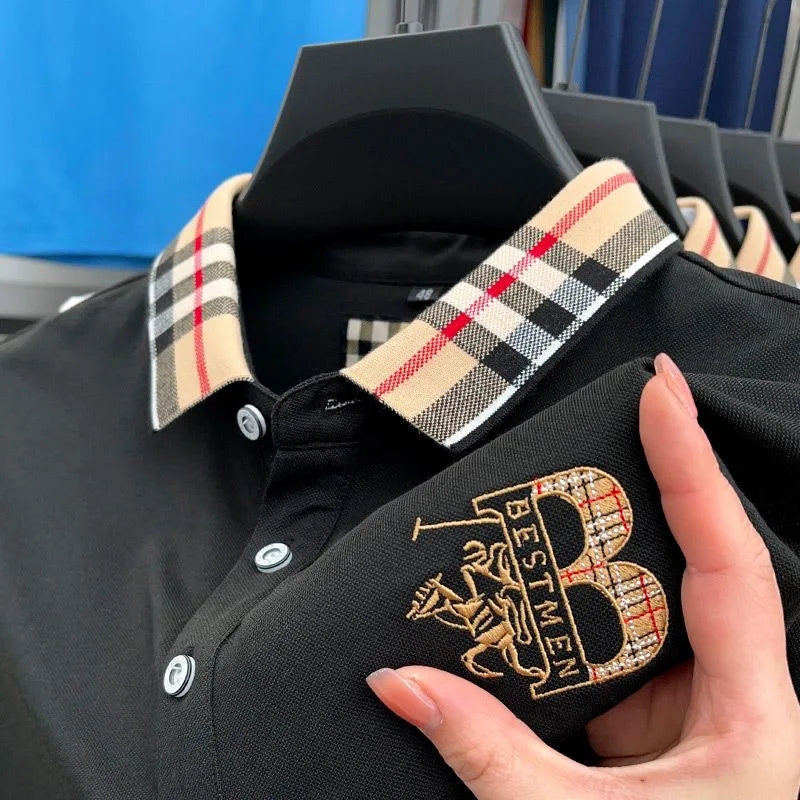 Luxury brand short sleeve men's polo shirt summer high-end fashion plaid embroidery lapel casual T-shirt breathable cotton top